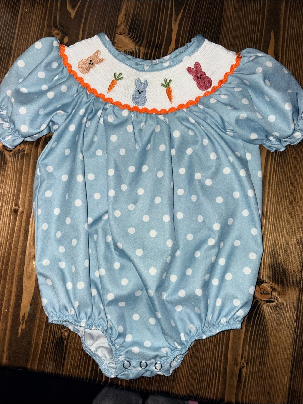 Blue Polka Dot Baby Bubble with Smocked Bunny Detail Easter or Spring Delicate
